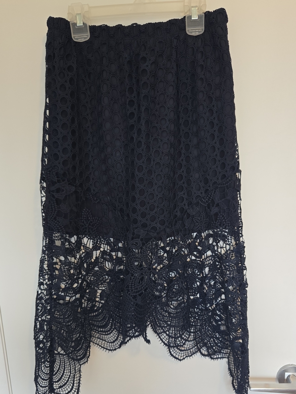 Adiva Navy Crochet Lace High-Low Skirt
